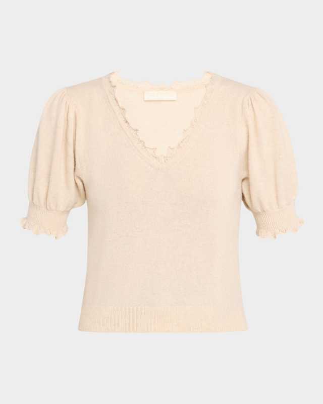 Polline Cashmere Frilled Puff-Sleeve Sweater
